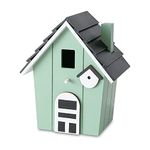 Bird House with Black Stepped Roof, Rustic Pale Green, Modern Farmhouse Panels, Applied Arched Window Details, Perch, 8 Inches