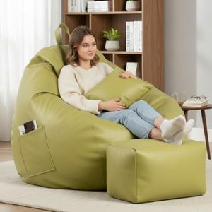 KAM'S LIEU 5XL Luxury Faux Leather Bean Bag with Footrest & Cushion | Pre-Filled High-Density Polystyrene Beans | Premium Leatherette | 6 Months Warranty Color- (Olive Green, with Footrest)