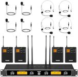 TONOR UHF Wireless Microphone System with Dual Headset/Lavalier Lapel Mics, Bodypack Transmitters, Rechargeable Receiver, 4x5 Channels, 90M Range, for Recording Speech PA Speaker Church Party Mixer