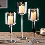 Sziqiqi Clear Glass Tea Light Candle Holders Set of 3, Tall Candle Holder for Floating Candles and Pillar Candles, Elegant Table Centrepieces for Mantelpiece Dining Rooms Wedding Party Christmas