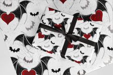 3 x Black & White Bat Wings & Red Hearts design wrapping paper. A3 eco friendly thick quality gift wrap paper for Halloween, Christmas, Birthday & Valentine gifts