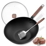 Yhngly Wok Pan Nonstick, 33cm/5.6L Wok Carbon Steel Frying Pan with Lid and Spatula, No Chemical Coated Woks for All Induction, Gas, Hobs (Black)