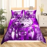 Loussiesd Dream Catcher Comforter Cover Double Tribal Feather Bedding Set Animal Wolf Pattern Decor 3 Pieces Exotic Duvet Cover Set Bohemian Bedspread Cover with 2 Pillowcase Hidden Zipper Purple