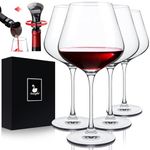 Swanfort Red Wine Glasses Set of 4, Extra Large Stemmed Wine Glasses 23 Oz, with Creative 2 in 1 Tulip Wine Stopper and Pourer, Burgundy Wine Glasses in Gift Box for Any Occasions