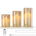 Evglim Rechargeable LED Candle Lights Glass Flameless Candles, Flameless Flickering Lights with Remote Control 2/4/6/8-hrs Timer Function, Flickering Candles Set of 3 x H4''/5''/6''' - Warm Yellow