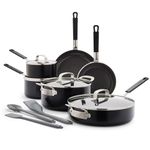 GreenPan x Bobby Flay 13 Piece Nonstick Cookware Pots and Pans Set, PFAS-Free Diamond Ceramic, Induction Suitable, Easy Clean Dishwasher & Oven Safe, Stay-Cool Silicone Handles, Glass Lids, Black