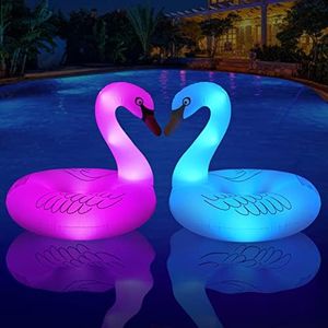 FlyfreeU Solar Powered Inflatable Swan Pool Floats with Lights, LED RGB Color Changing Light Up Pool Floats Adult, 42'' Large Swan Pool Floaties, Lake Floats Summer Pool Raft Lounge for Adults - 2 PCS