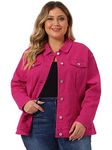 uxcell Women's Plus Size Button Down Washed Denim Jacket with Chest Flap Pocket Hot Pink 3X