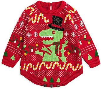 Simplee kids Ugly Christmas Sweater Family Matching Outfits for Holiday Party Knitted Pullover, I-red Dinosaur Romper, 6 Months