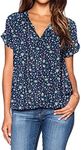 LILBETTER Women Chiffon Blouse V Neck Short Sleeve Top Shirts (Flower Navy Blue,Medium)