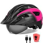 FUNWICT Adult Bike Helmet with Visor and Goggles for Men Women Mountain Road Bicycle Helmet Rechargeable Rear Light Cycling Helmet (L: 57-61 cm (22.4-24 inches), Blackpink)