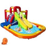 Hongcoral Bouncy Castle Inflatable Water Slides for Kids, Inflatable Water Park with Slide, Splash Pool, Double Water Cannon, 2 Climbing Wall, Obstacles, Blow Up Jumping Castle with Blower