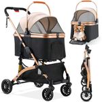 Dog Stroller, Foldable Pet Stroller, 3 in 1 Dog Cat Pushchair with Storage Basket Net Window Cup Holder, 360 ° Wear-Resistant Rubber Wheels Dog Travel Carrier, for Small Dogs & Cats (Champagne)