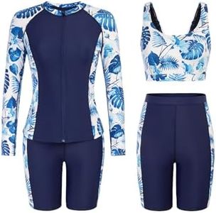 JACK SMITH Plus Size Swimming Suits 3 Piece Long Sleeve Rash Guard Bathing Suit Swim Shirt Zip Front Modest Boy Shorts Tankini Swimsuits UPF50 Navy/Flower