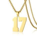 SKQIR Number Necklace for Boys Youth Athletes Jewelry Gifts Personlized Gold Jersey Number 17 Pendant Necklace for Men Sports Football Basketball Baseball Stainless Steel Chain.