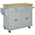 HOMCOM Kitchen Island on Wheels, Rolling Cart with Rubber Wood Top, Spice Rack, Towel Rack and Drawers, Grey