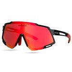 COMAXSUN Polarized Sports Sunglasses with 5 Interchangeable Lenses,Mens Womens Cycling Glasses,Baseball Running Fishing Golf Driving Sunglasses (Black Red)