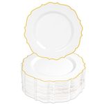 Conflech 100PCS Gold Plastic Plates- 7.5inch Disposable Dessert/Salad Plates- White with Gold Rim Cake Plates Disposable for Wedding&Parties