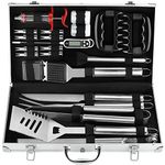 POLIGO 26PC Exclusive BBQ Accessories Kit in Aluminum Case - BBQ Utensils Set with Barbecue Claws, Meat Injector, Thermometer for Smoker, Camping BBQ Tools Set Christmas Birthday Gifts for Men Dad