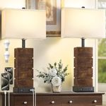 25.3" Farmhouse Table Lamps Set of 2 with 3 Color Temperatures, Faux Woodgrain Vintage Resin Lamps with USB C A Port, Rectangular White Shade Nightstand Lamps for Bedroom Living Room, Bulbs Included