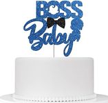 Boss Baby Cake Topper for Boy Birthday, Gender Reveal Welcome Baby Boy Cake Decoration, Baby Shower Birthday Party Supplies Boss Boy - Blue Black Glitter