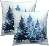 Christmas Throw Pillow Covers 18x18 Set of 2, Rustic Winter Blue Trees Snows Pine Forest Farmhouse Decorative Pillow Cases Cotton Cushion Cover for Home Sofa Couch Decor