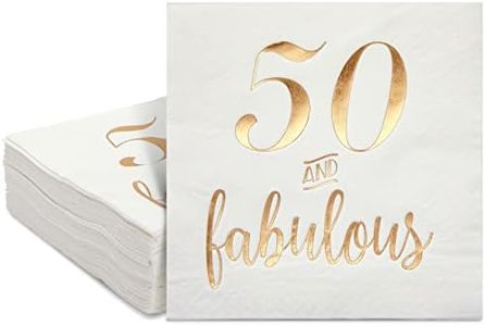 BLUE PANDA 50 Pack White 50th Birthday Napkins, Gold Foil 50 and Fabulous Party Supplies (5x5 In)