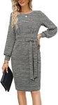 Women's Black Tweed Pencil Plaid Dress Elegant Bodycon Fall/Winter Lantern Long Sleeve Wear to Work Dress M