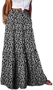 Happy Sailed Womens Maxi Skirt Retro Boho Printed High Waist Elastic Waisted A Line Flowy Long Skirts with Pockets Beach Vacation Clothes Floral Black X-Large
