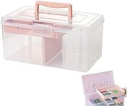 FOREVERIE Clear Plastic Sewing Box Organiser Large with a Removable Tray & Adjustable Partition, Office Supply Art & Craft Storage Box, Portable Travel Makeup Case (White & Pink)