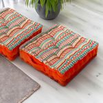 The Furnishers Reversible 60x60x10 cm Woven Quilted Floor Cushion Boho Orange with Cotton Filler for Seating, Patio Seat, Meditation, Yoga, Pooja, Guests, Living Room, Bedroom, Large Size 24x24x4 Inch