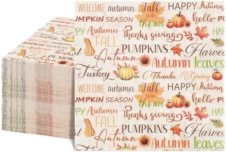 NatNarr 100 Pcs Fall Paper Napkins, Autumn Cocktail Napkins with Maple Leaves Pumpkins Words Disposable Thanksgiving Napkin Fall Dessert Beverage Napkin for Harvest Home Kitchen, 5X5 Inch