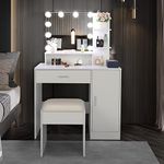 Karlhome White Dressing Table Set Lighted Makeup Vanity Set with Storage Shelves, Drawers & Cabinet, LED Vanity Table with Cushioned Stool for Bedroom