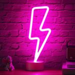 XIYUNTE Lightning Bolt Neon Sign - USB or Battery Powered Lightning Neon Light Sign with Holder Base, Pink Led Lightning Lamp for Bedroom, Girls Room, Kids Room Decor, Girls Night Light, Gift