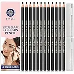 Stylia Waterproof Eyebrow Pencil Set (12 Pieces - Black), Eyebrow Pen-cil, Eye Brow Pencils for Women Makeup, Microblading Long Lasting Eyebrow Pencil Liners for Marking, Filling And Outlining Eyebrow