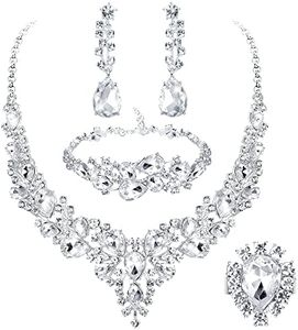 JeweBella 5PCS Juego de Boda Novia Joyas para Mujer Cristal Novia Collar Vintage Boda Pendientes Plata Colgantes y Pulsera Anillos Circonitas Compromiso Boda Novia Dama de Honor Regalo Joyería
