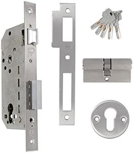 Amig - Cerradura de Embutir con Cilindro de Seguridad y Bocallave + 5 Llaves | Para Puertas de Madera de Entrada | De Acero Cromado | Picaporte Reversible | Para Manillass de 8 mm