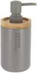 Modern Matte Gray Soap Dispenser with Natural Bamboo Accent - Polyresin Hand Lotion Pump, Contemporary Bathroom Accessory