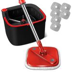 KZKR Spin Square Mop and Bucket Set M16 with Microfibra Replaceable Pads and Separate Dirty Water System, Self Wringing 360° Rotating Mops for Home Floor Cleaning (Mop and Bucket Set (6 Pads))