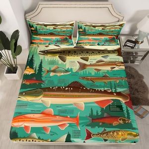Erosebridal Fish Theme Queen Fitted Sheet,Fishing Lake House Bedding Set for Kids Boys Men,Big Bass Pike Fish Bed Sheets,Rustic Cabin Farmhouse Bed Set 3Pcs Bedroom Decor (No Flat Sheet)