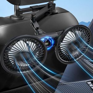 Rechargeable Car Fan for Backseat Kids Baby, Battery Powered USB car seat Fans with w/LED Display, Powerful 3 Speeds 360° Rotation Dual Head headrest Air Cooling fan for Vehicle SUV Truck Sedan