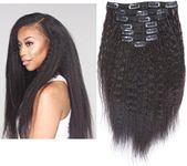 (41cm , Hair Color 1B Natural Black) - Anrosa 8A Grade Kinky Straight Clip ins Real Virgin Remy Human Hair Clip in Hair Extensions Yaki Hair Colour 1B Natural Black 41cm 120 Gramme For African American Black Women