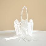 ATAILOVE Wedding Flower Girl Baskets with Cute Pearl Handle Bowknot Satin Flower Baskets for Wedding Ceremony - Ivory