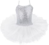 FEESHOW Girls' Sequins Glitter Ballet Dress Tutu Skirt Leotard Dance Costumes Size 4-5 White