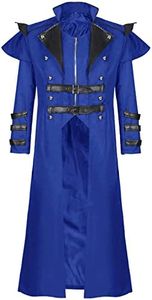 BITSEACOCO Mens Steampunk Tailcoat Costume, Medieval Gothic Long Trench Coat Victorian Double Breasted Zipper Punk Jacket, Blue, X-Large