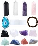 Luckeeper 15pcs Healing Crystals and Stones, Included 4pcs Crystal Wands, 8pcs Raw Stones, Selenite, Polished Agate and Tiger Eye Bracelet in Gift Box