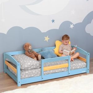 Ocodile Toddler Bed with Rails | Low Montessori Floor Bed Frame for Kids | Standard Crib Size Wooden Frame for Independent Toddlers 1-3 - Varnished