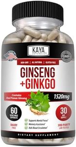 Kaya Naturals Red Panax Ginseng + Ginkgo Biloba | Nootropic Brain Supplement | Cognitive and Concentration Support | Brain Booster, Focus, and Memory Supplement | 60 Capsules