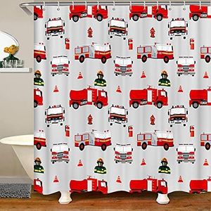 Feelyou Kids Fireman Bath Curtain Boys Fire Engine Firefighter Shower Curtain Red Fire Truck Vehicle Pattern Bathroom Shower Curtain Set for Girls Stalls Decor Waterproof Curtains 72x78 Inch