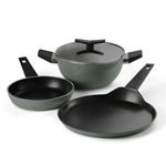 Tramontina Aura 4-Pc Cookware Set : 24cm Kadhai + Lid, 24cm Frypan, 28cm Dosa Tawa | Reinforced Ceramic Non-Stick | Quick & Even Heat | Low-Oil Cooking | Gas & Induction| Sea Green